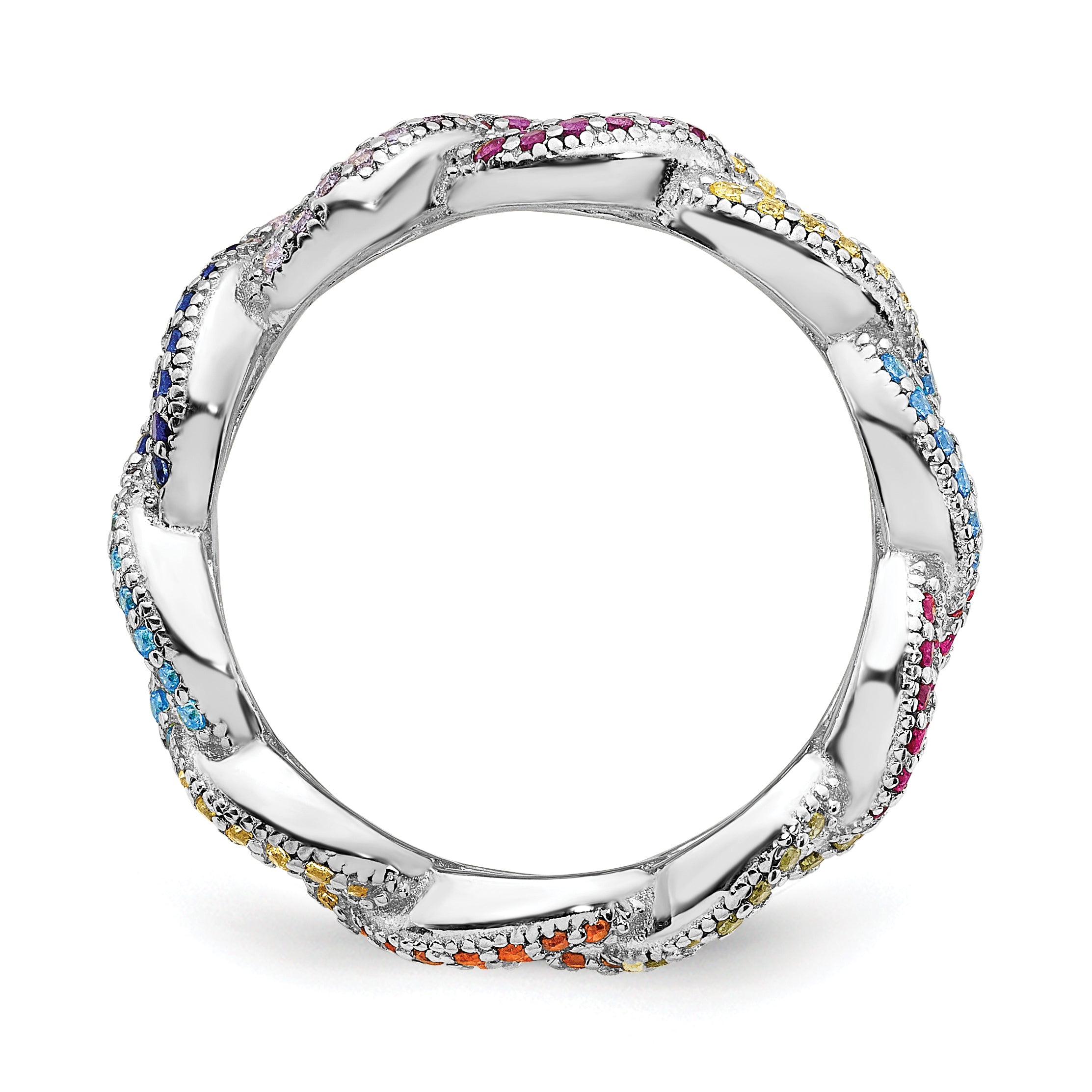 Prizma Sterling Silver Rhodium-plated Colorful CZ Cuban Link Ring