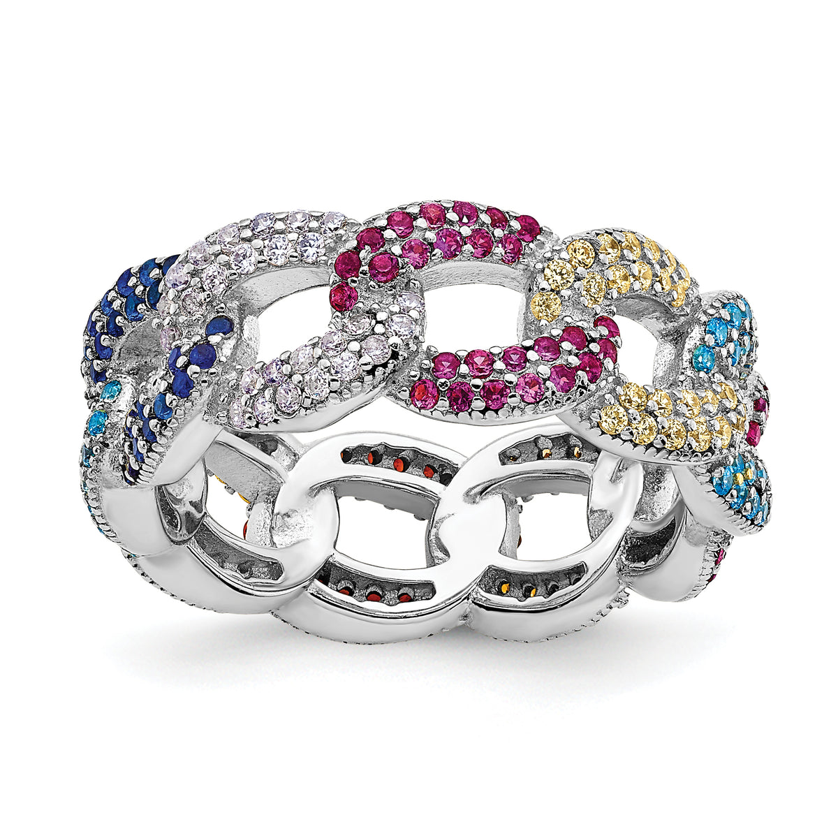 Prizma Sterling Silver Rhodium-plated Colorful CZ Cuban Link Ring