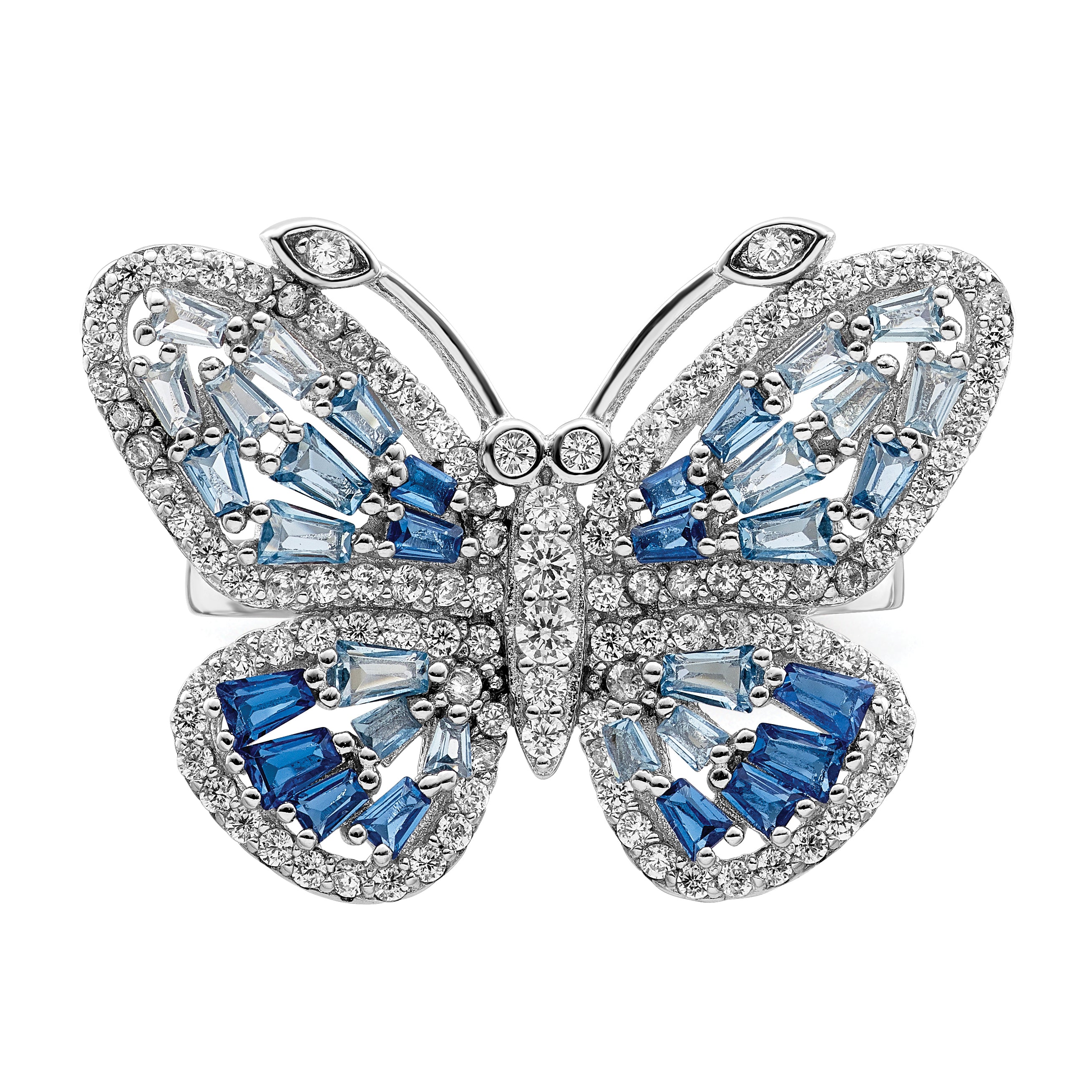 Sterling Silver Rhodium-plated Polished Blue & White CZ Butterfly Ring