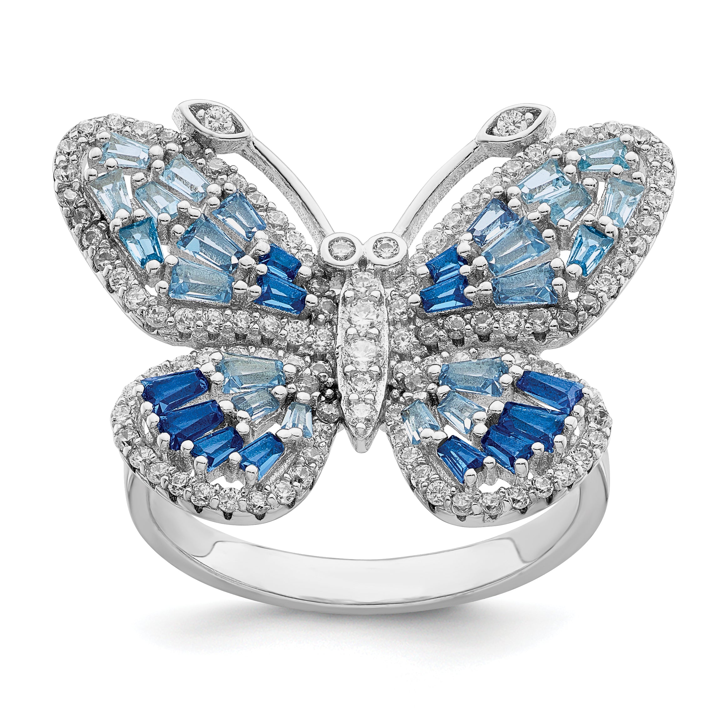 Sterling Silver Rhodium-plated Polished Blue & White CZ Butterfly Ring