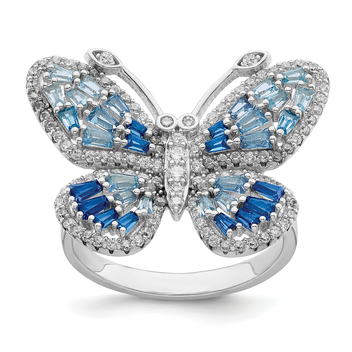 Sterling Silver Rhodium-plated Polished Blue & White CZ Butterfly Ring