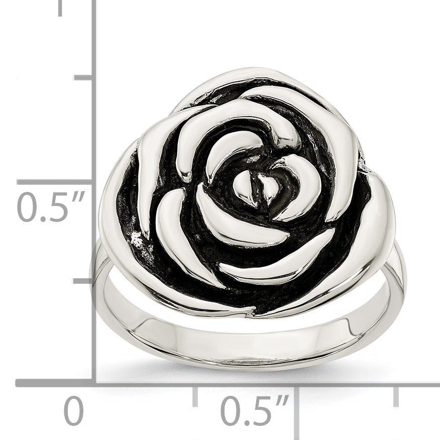 Sterling Silver Polished Antiqued Rose Ring