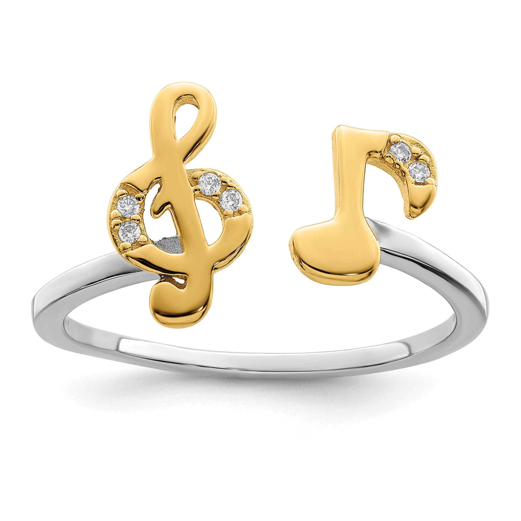 Sterling Silver RH-plated & Gold-plated CZ Music Notes Adjustable Ring