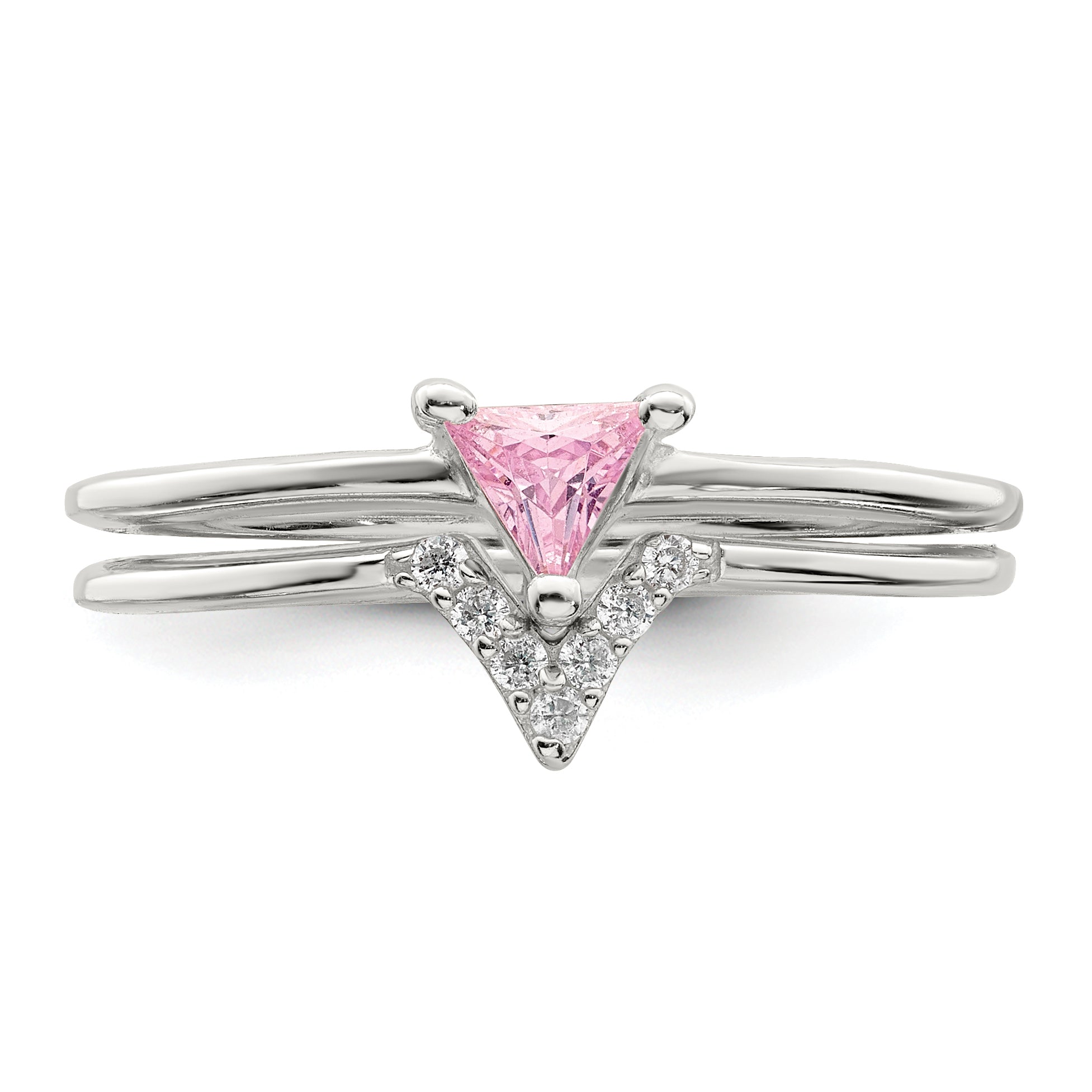 Sterling Silver Pink Trillion CZ and White CZ Ring Set