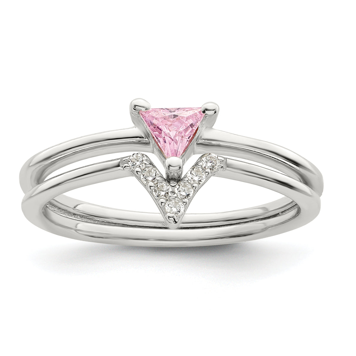 Sterling Silver Pink Trillion CZ and White CZ Ring Set