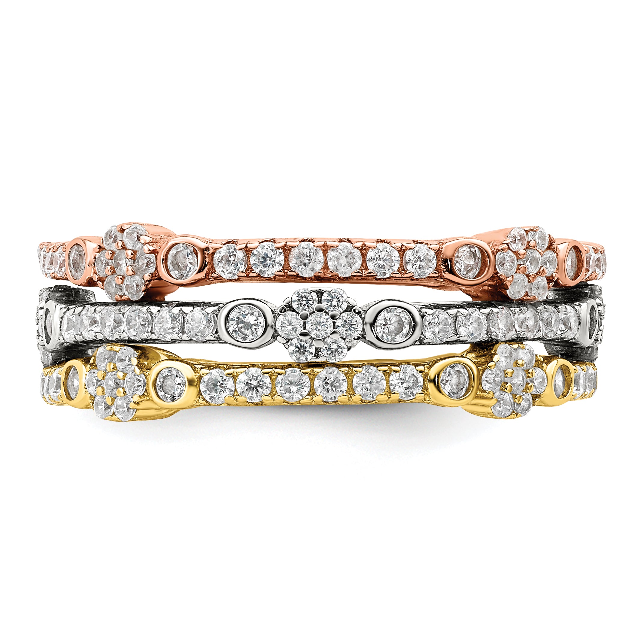 Sterling Silver Rose & Gold-tone Eternity CZ 3 Band Set