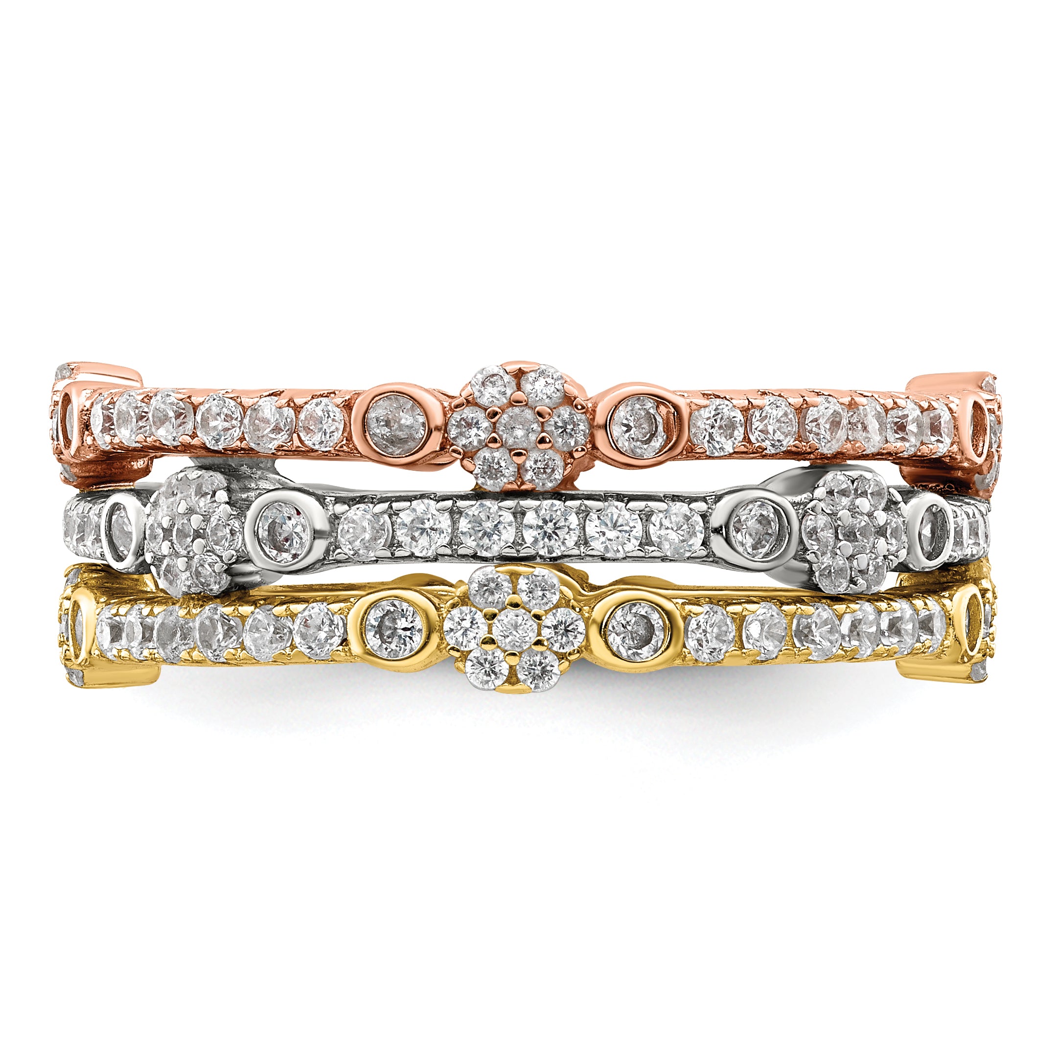 Sterling Silver Rose & Gold-tone Eternity CZ 3 Band Set