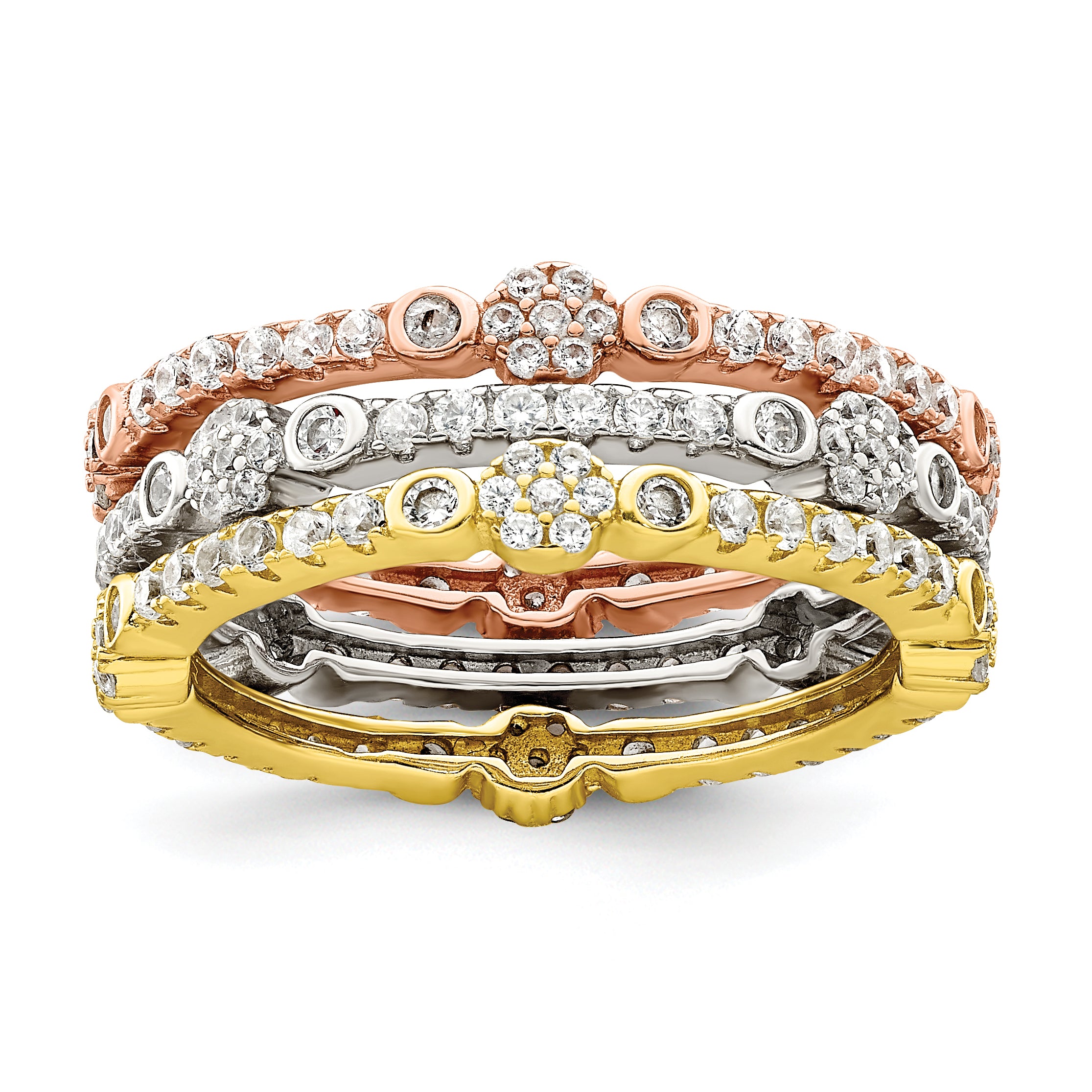 Sterling Silver Rose & Gold-tone Eternity CZ 3 Band Set