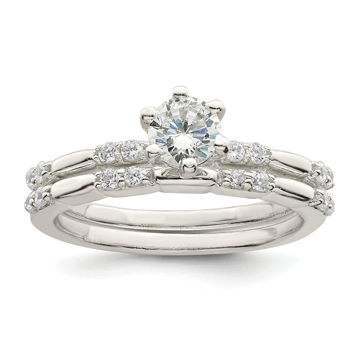 Sterling Silver Polished CZ Wedding Ring Set