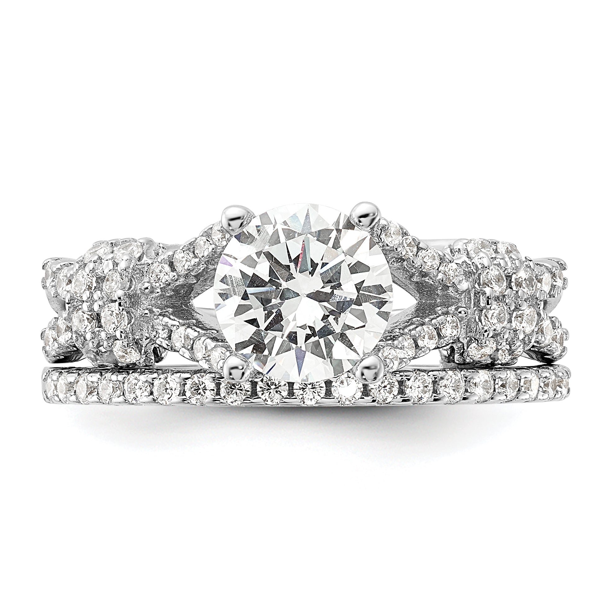 Sterling Silver Rhodium-plated Polished CZ Engagement and Band Set