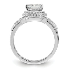 Sterling Silver Rhodium-plated CZ Halo Engagement Ring & Band Set