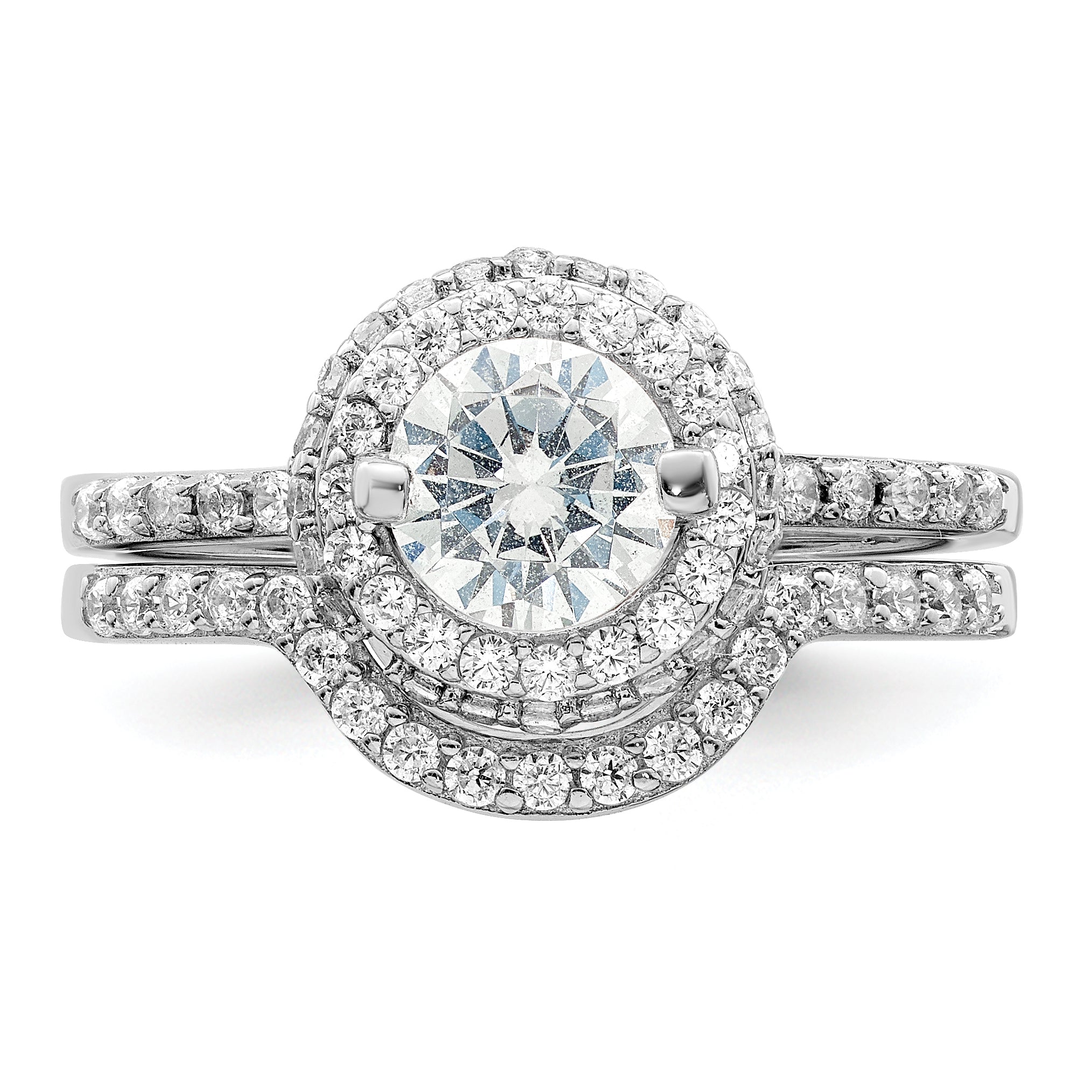 Sterling Silver Rhodium-plated CZ Halo Engagement Ring & Band Set