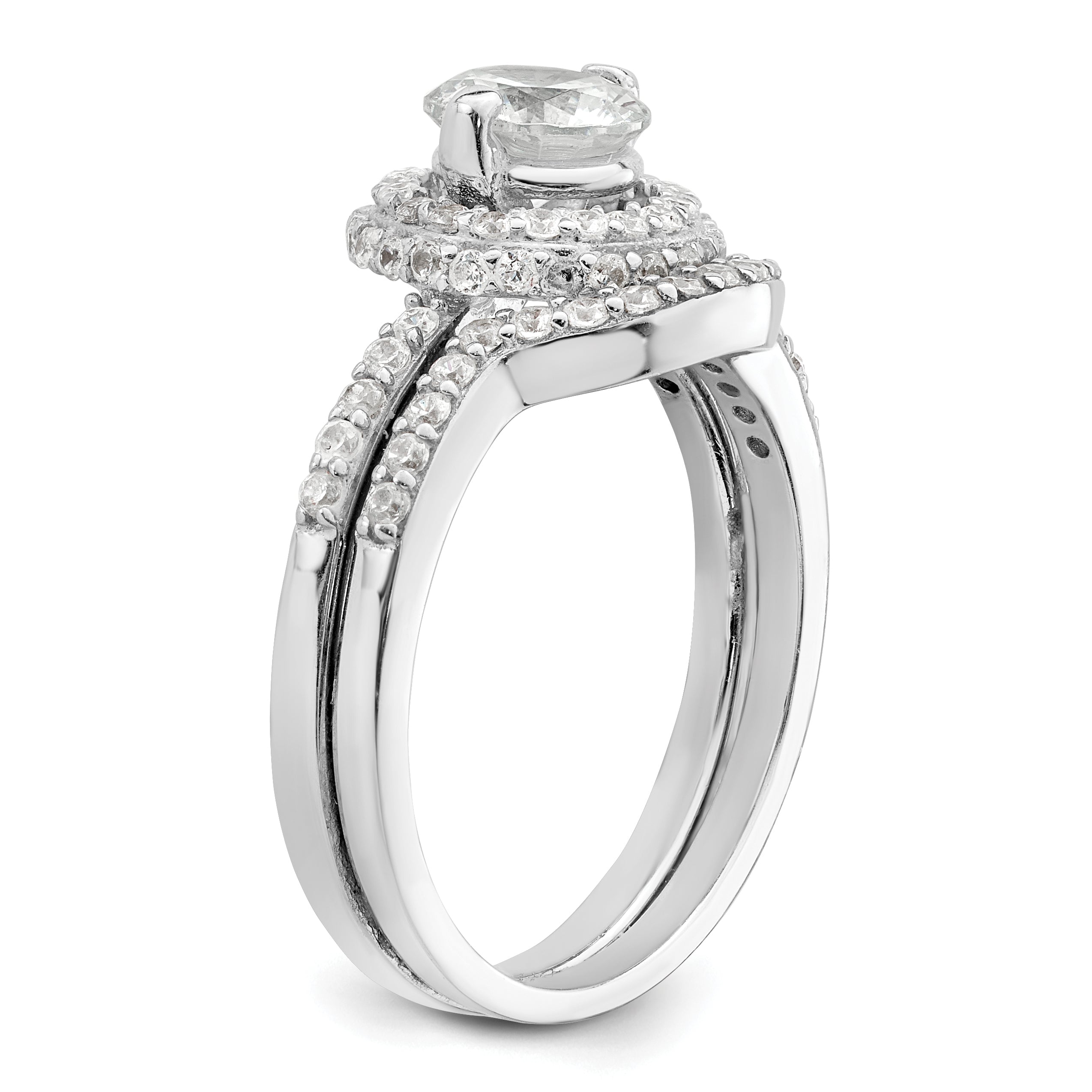 Sterling Silver Rhodium-plated CZ Halo Engagement Ring & Band Set