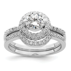 Sterling Silver Rhodium-plated CZ Halo Engagement Ring & Band Set