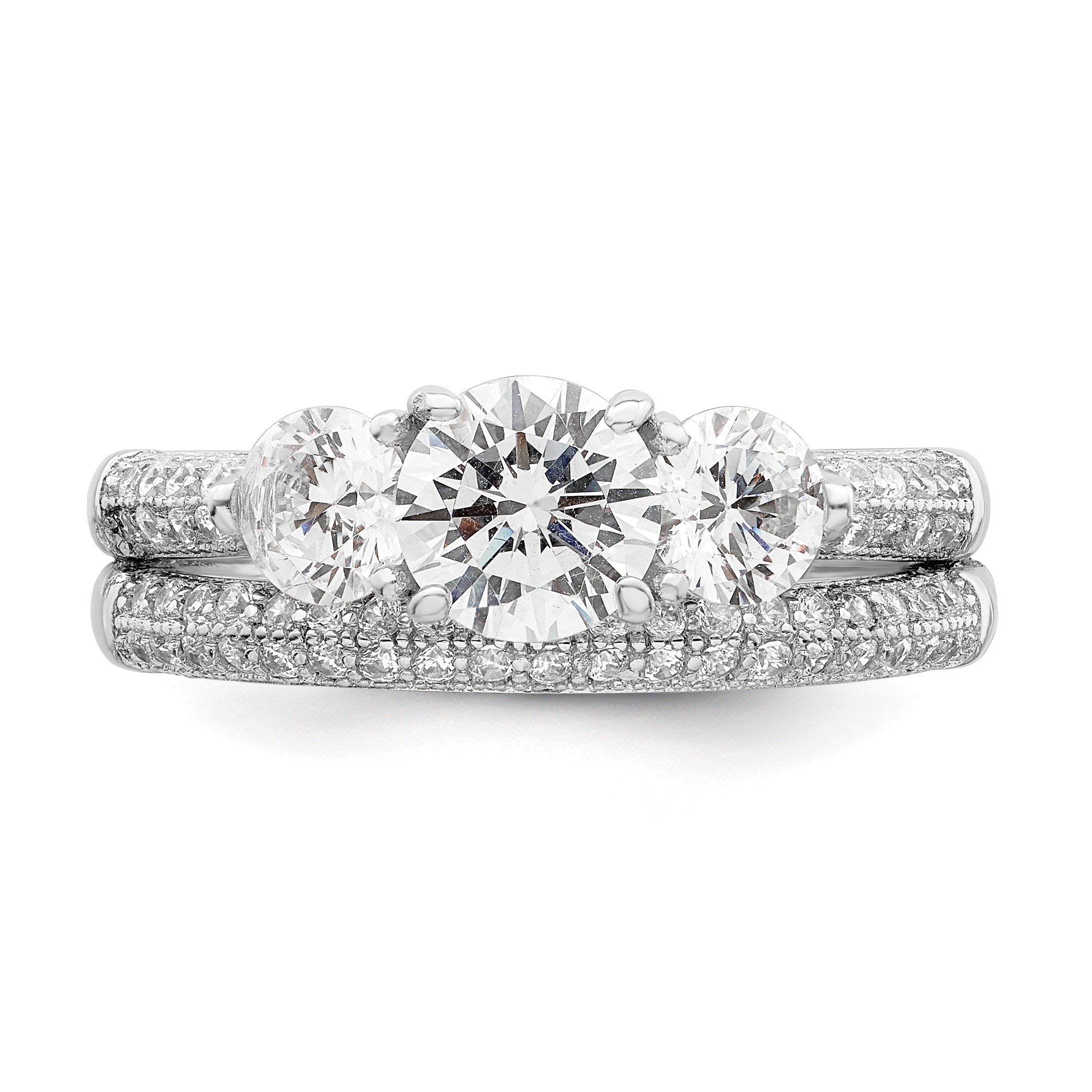 Sterling Silver Rhodium-plated CZ 3 Stone Pave Band Engagement Ring Set