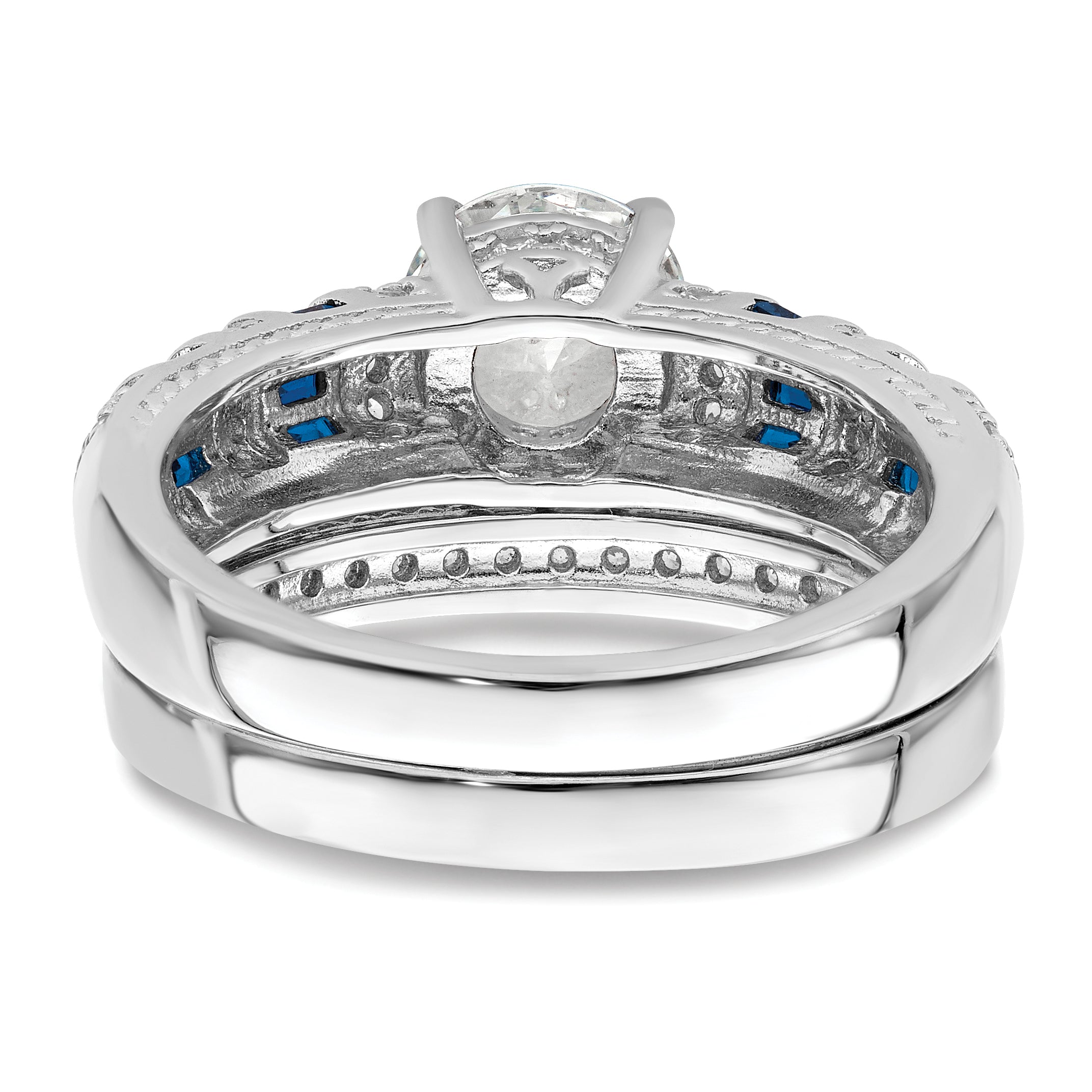 Sterling Silver Rhodium-plated Polished Blue & White CZ Engagement & Band R