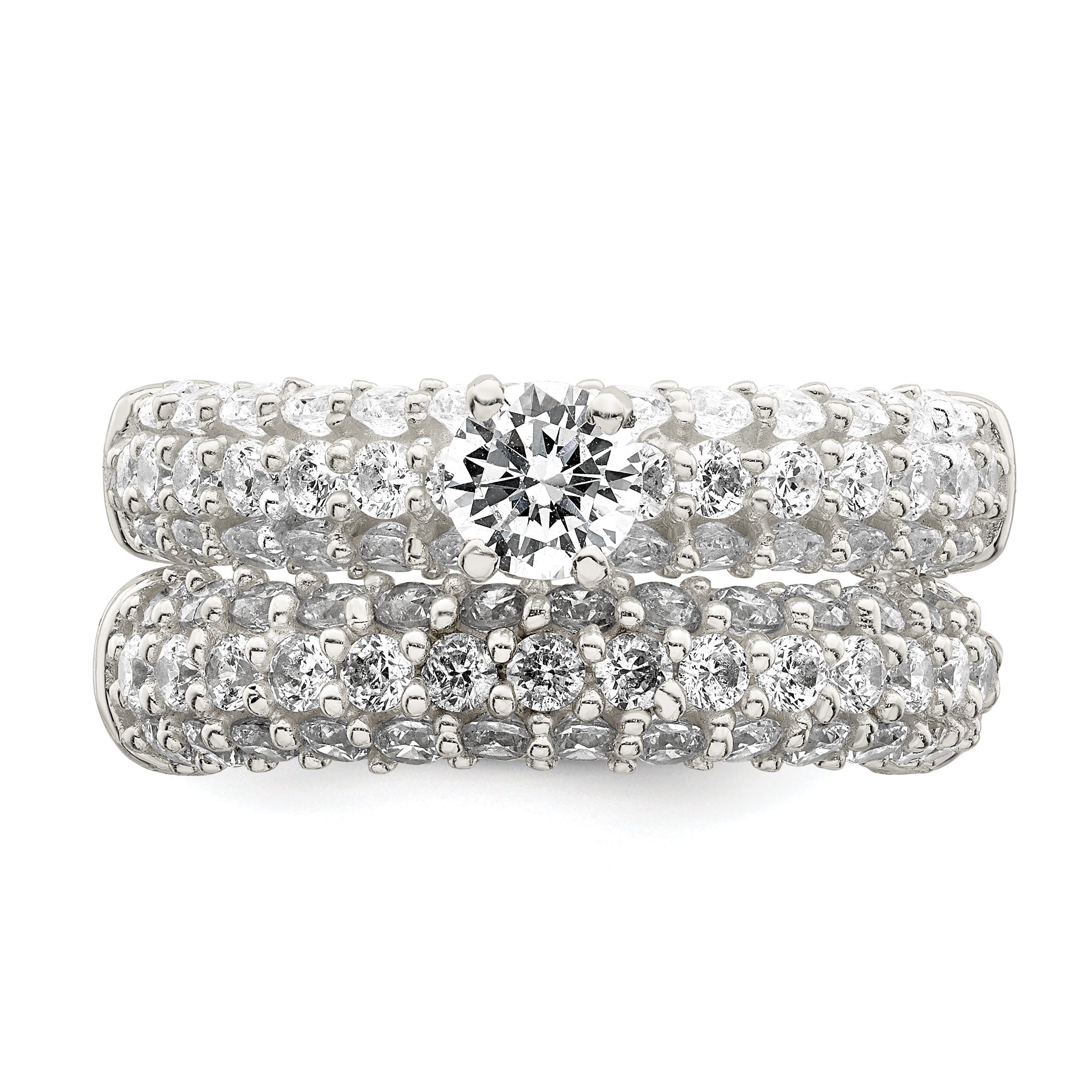 Sterling Silver Polished Pave CZ Wedding Ring Set