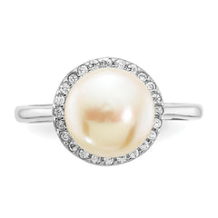 Sterling Silver Rhod-plated CZ 9-10mm Button White FWC Pearl Ring