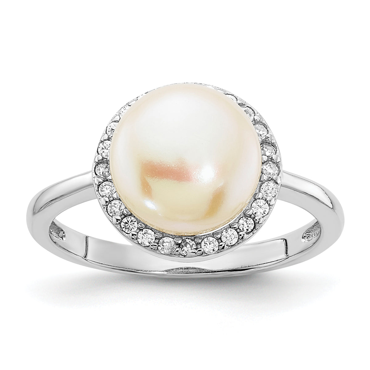 Sterling Silver Rhod-plated CZ 9-10mm Button White FWC Pearl Ring