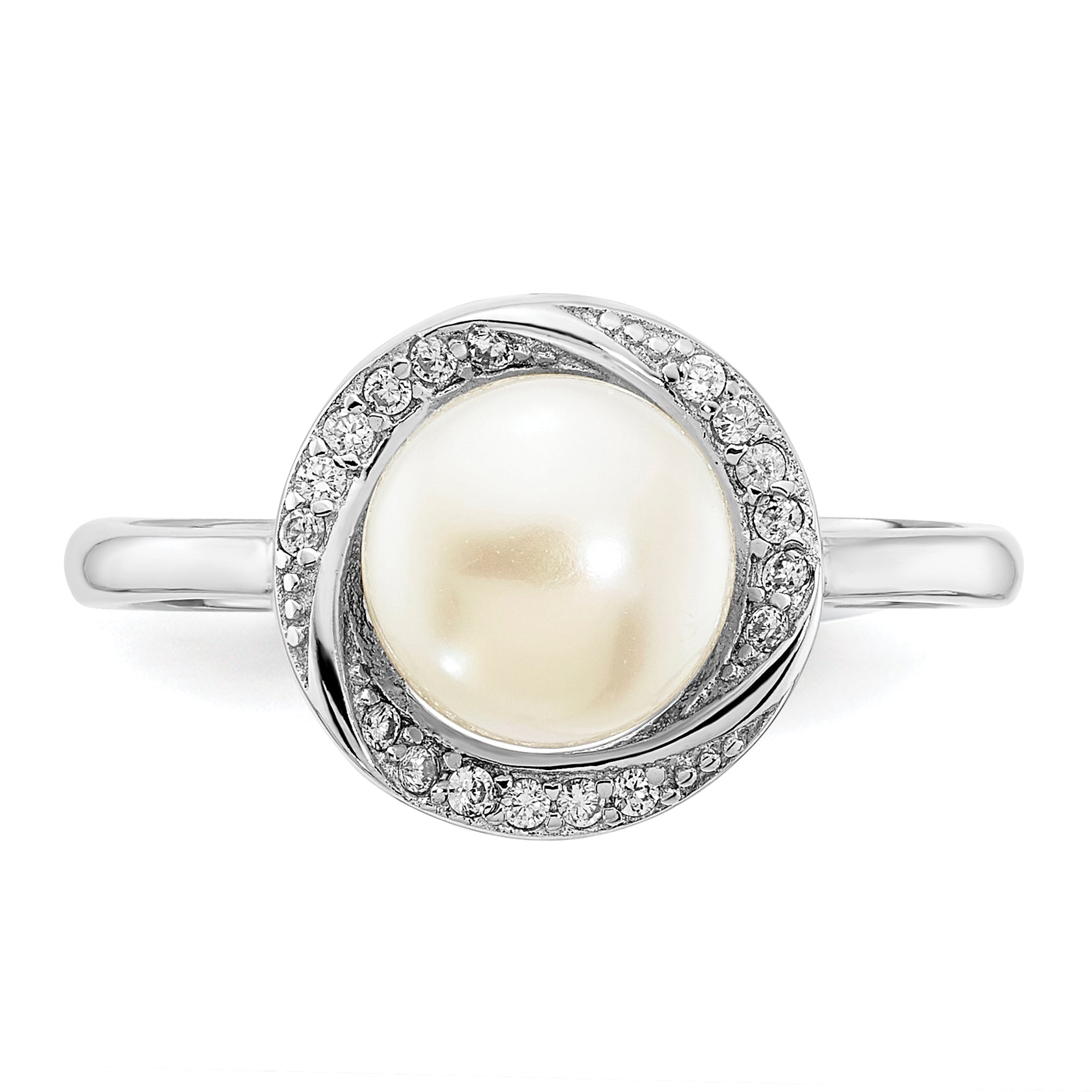 Sterling Silver Rhod-plated CZ 7-8mm Button White FWC Pearl Ring