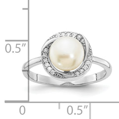 Sterling Silver Rhod-plated CZ 7-8mm Button White FWC Pearl Ring