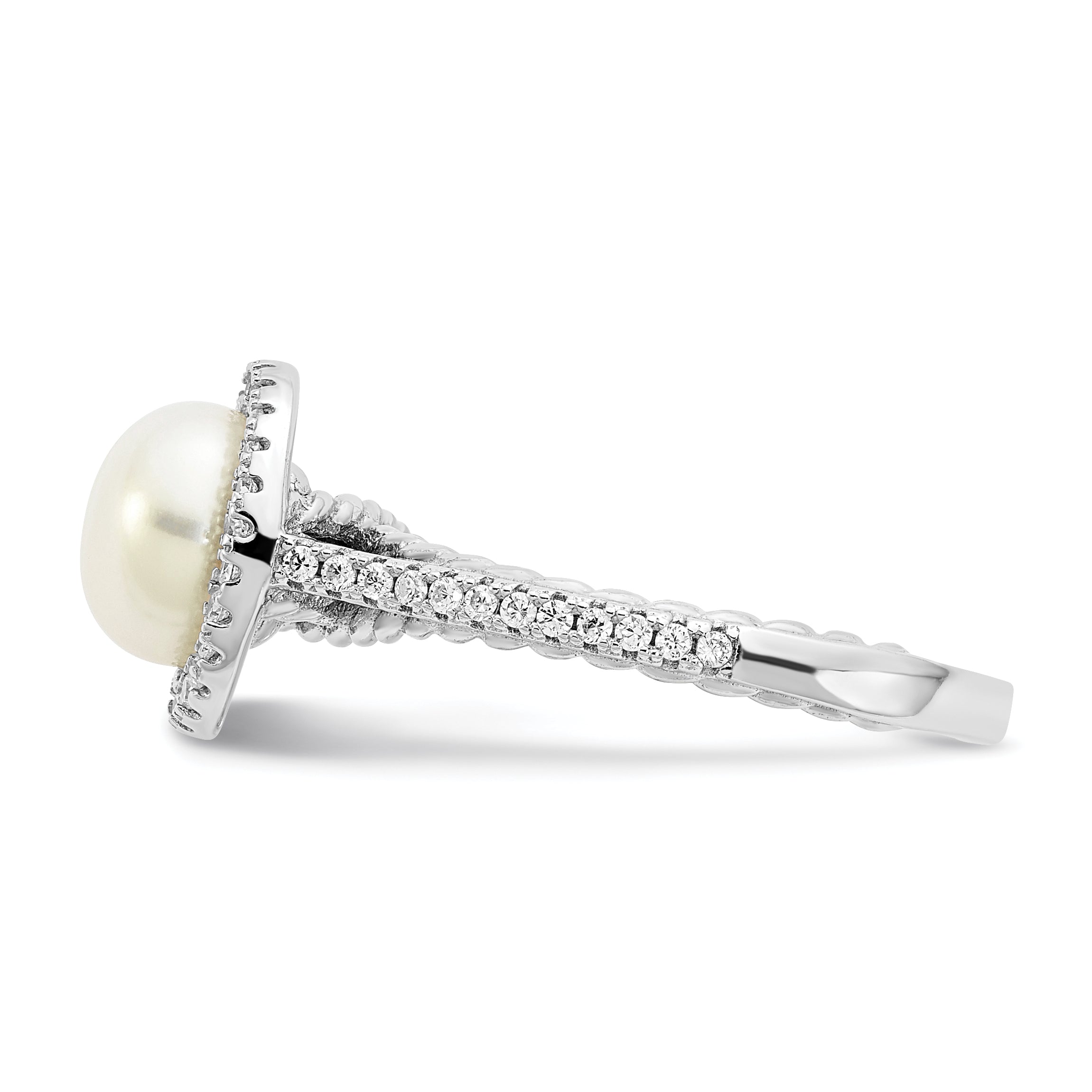 Sterling Silver Rhod-plated CZ 7-8mm Button White FWC Pearl Ring