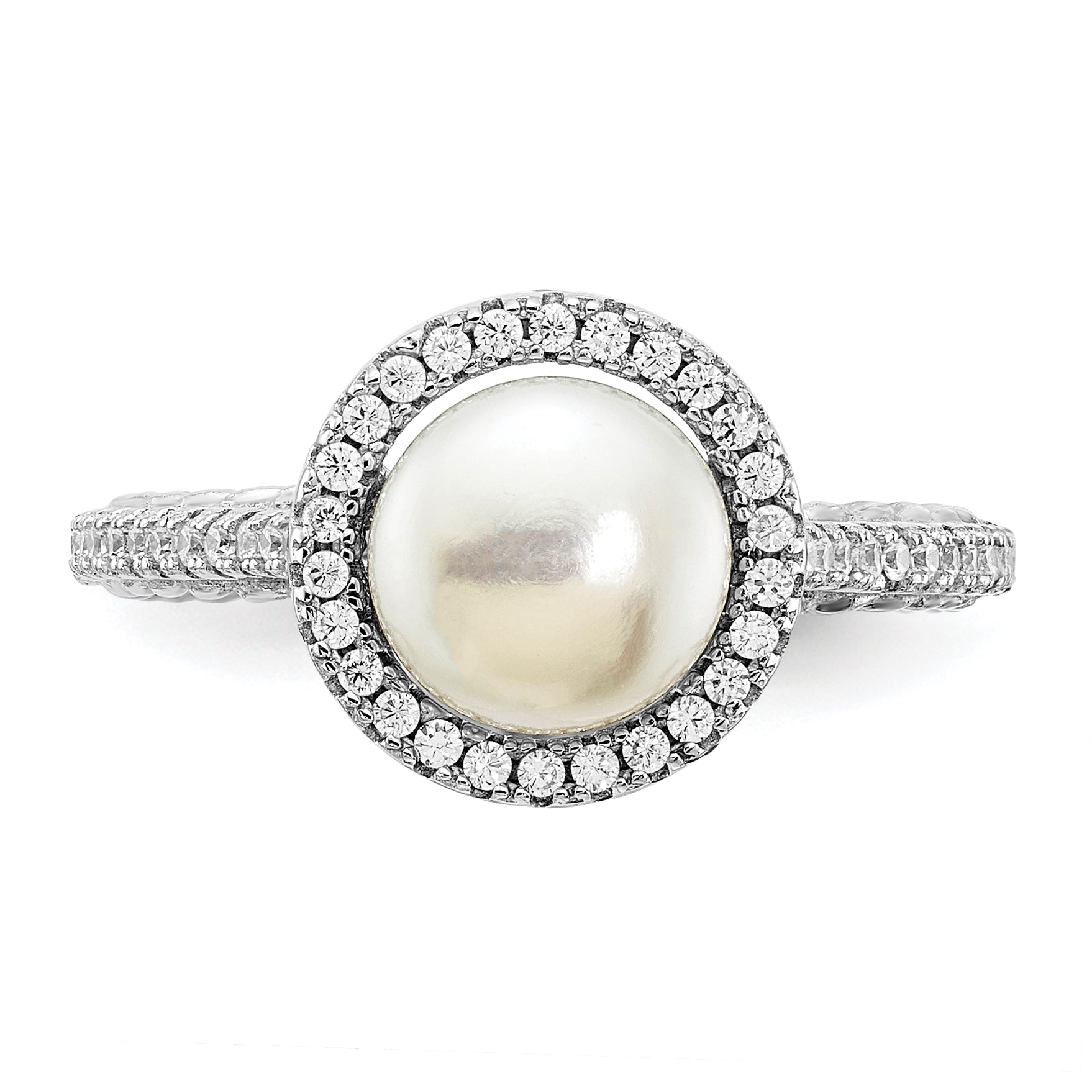 Sterling Silver Rhod-plated CZ 7-8mm Button White FWC Pearl Ring