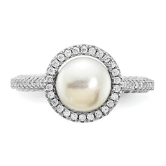 Sterling Silver Rhod-plated CZ 7-8mm Button White FWC Pearl Ring