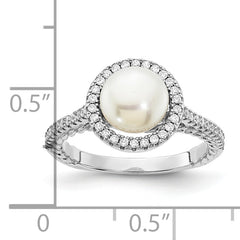 Sterling Silver Rhod-plated CZ 7-8mm Button White FWC Pearl Ring