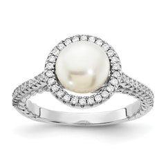 Sterling Silver Rhod-plated CZ 7-8mm Button White FWC Pearl Ring