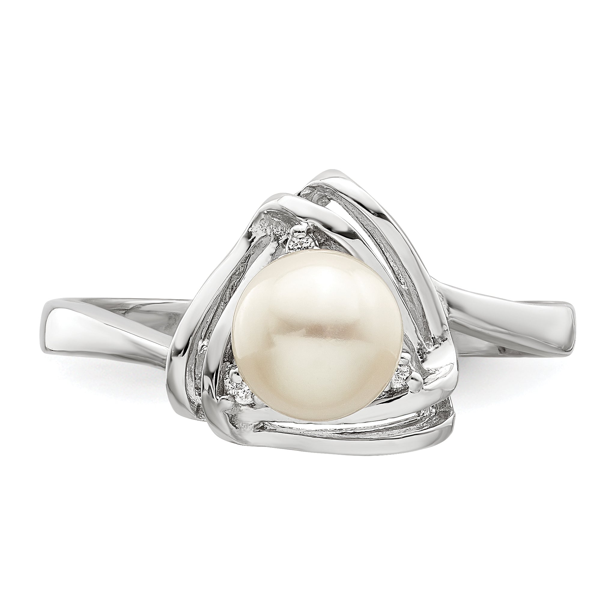 Sterling Silver Rhodium-plated FWC Pearl and CZ Triangle Ring