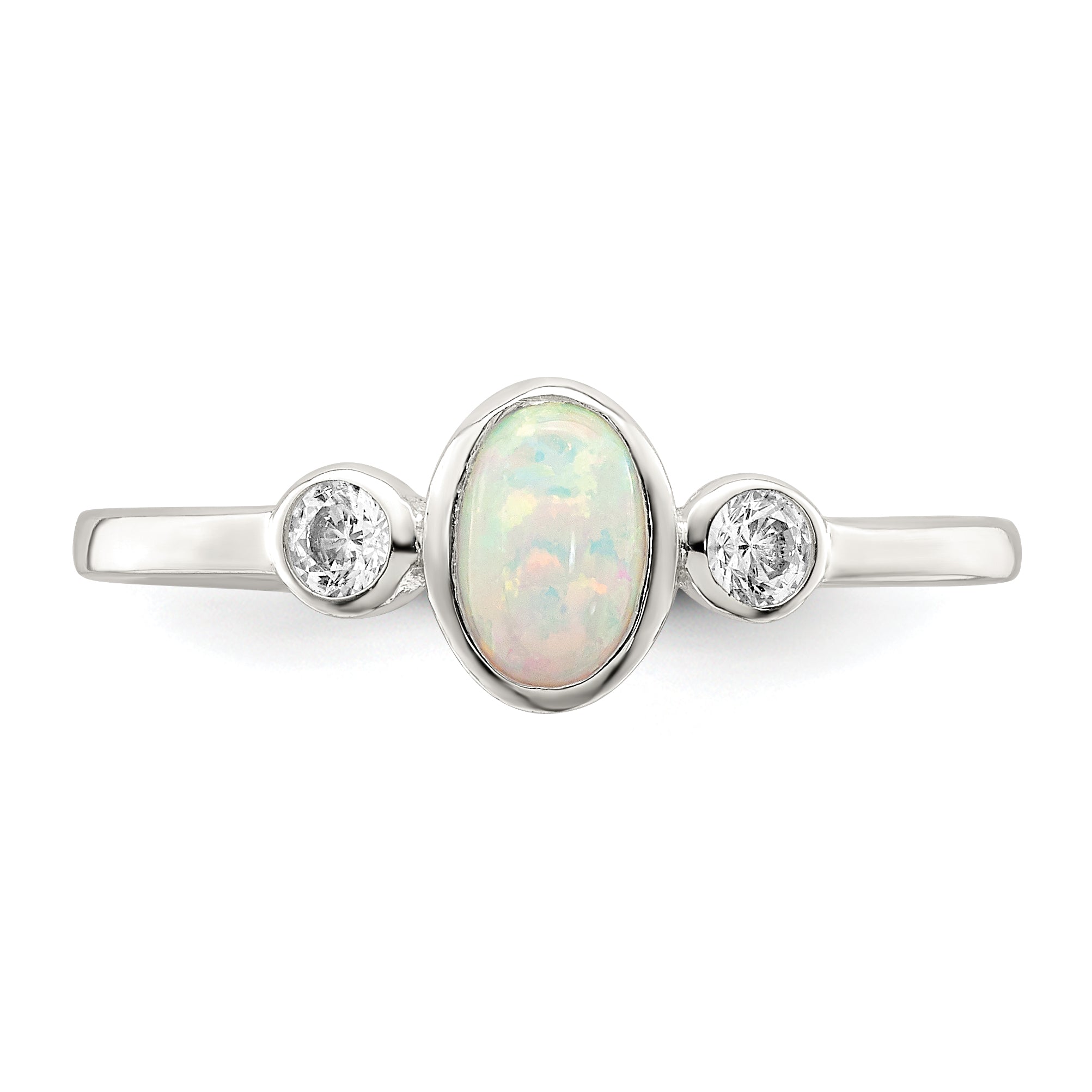 Sterling Silver Polished CZ and White Created Opal Ring