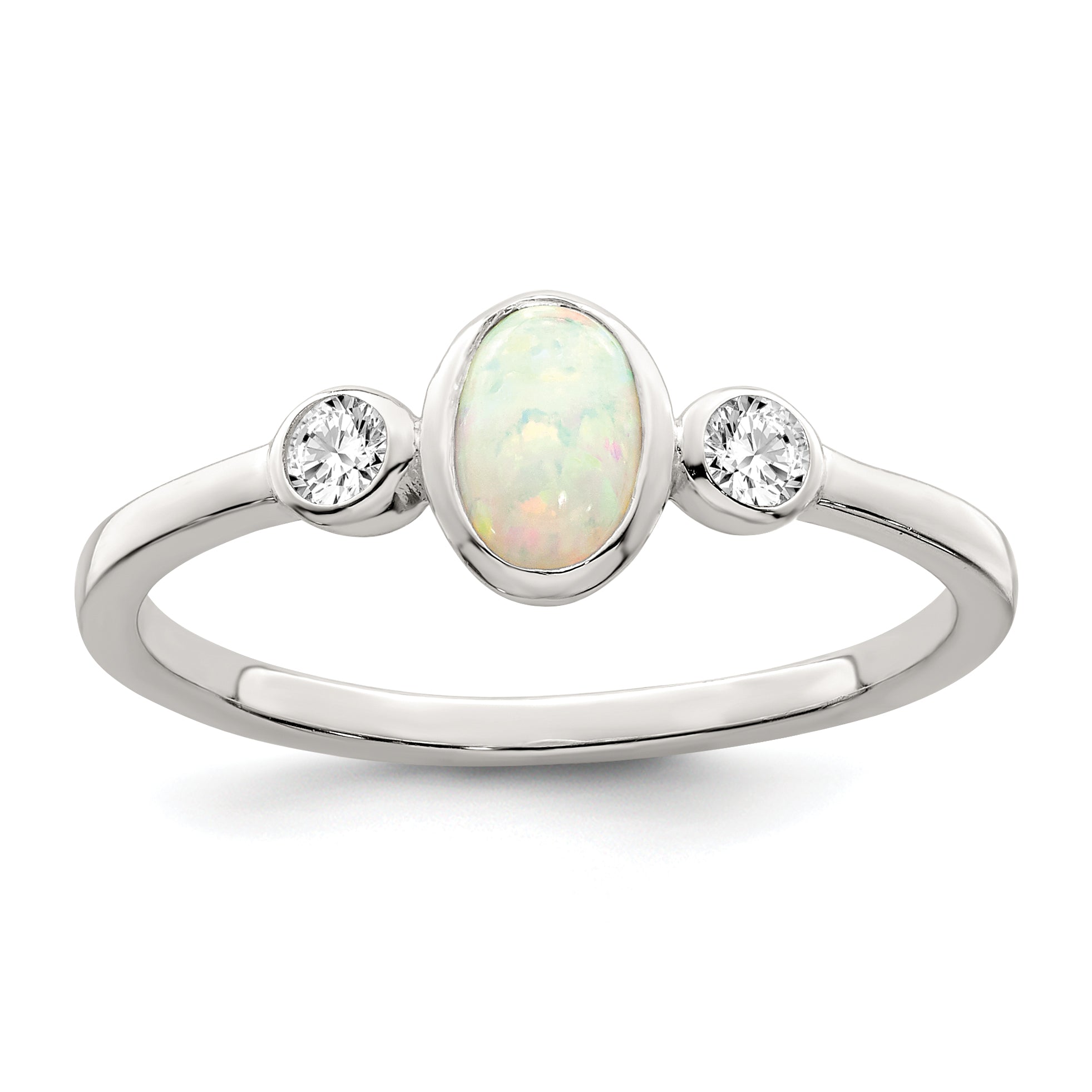 Sterling Silver Polished CZ and White Created Opal Ring