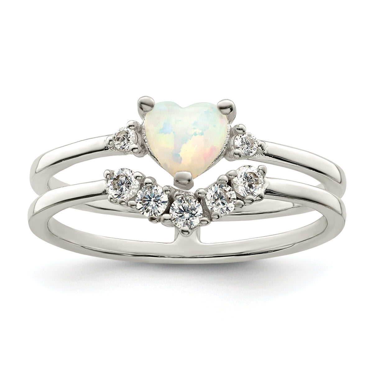 Sterling Silver CZ & Heart Created White Opal Double Band Ring