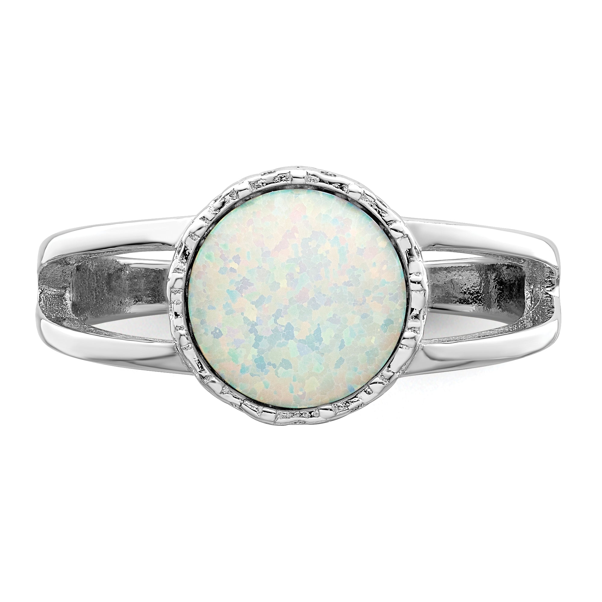 Sterling Silver Rhodium-plated Round White Created Opal Inlay Ring