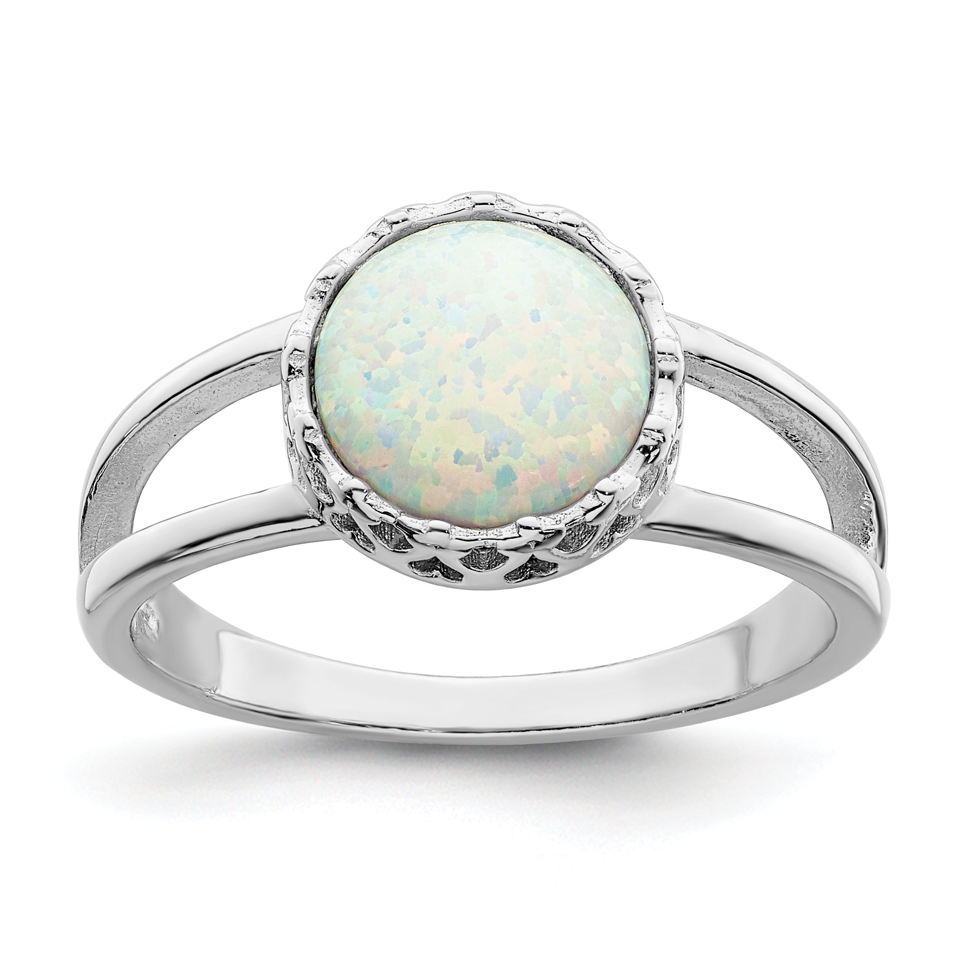 Sterling Silver Rhodium-plated Round White Created Opal Inlay Ring