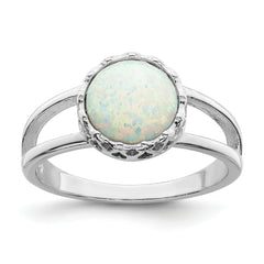 Sterling Silver Rhodium-plated Round White Created Opal Inlay Ring