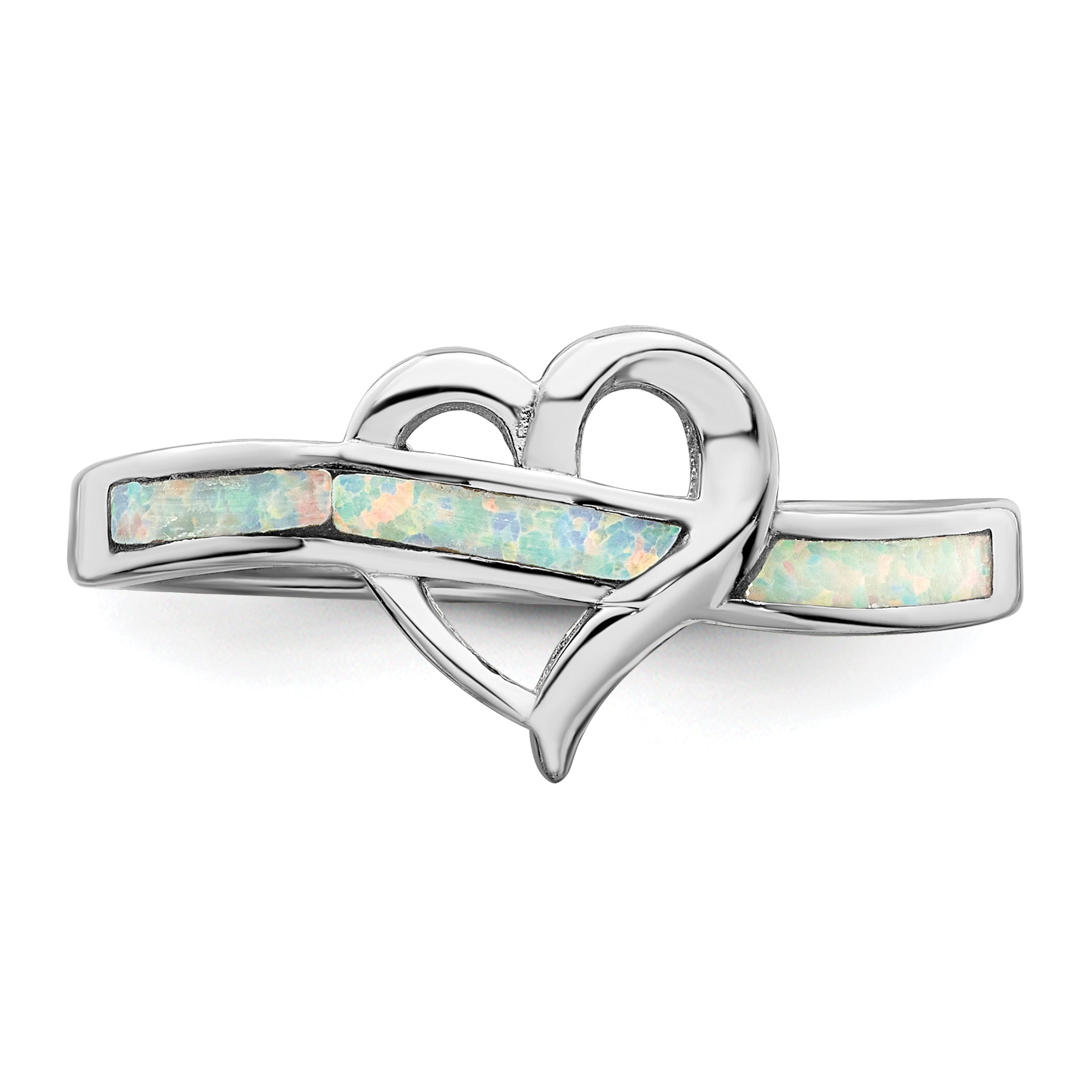 Sterling Silver Rhodium-plated White Created Opal Inlay Heart Ring