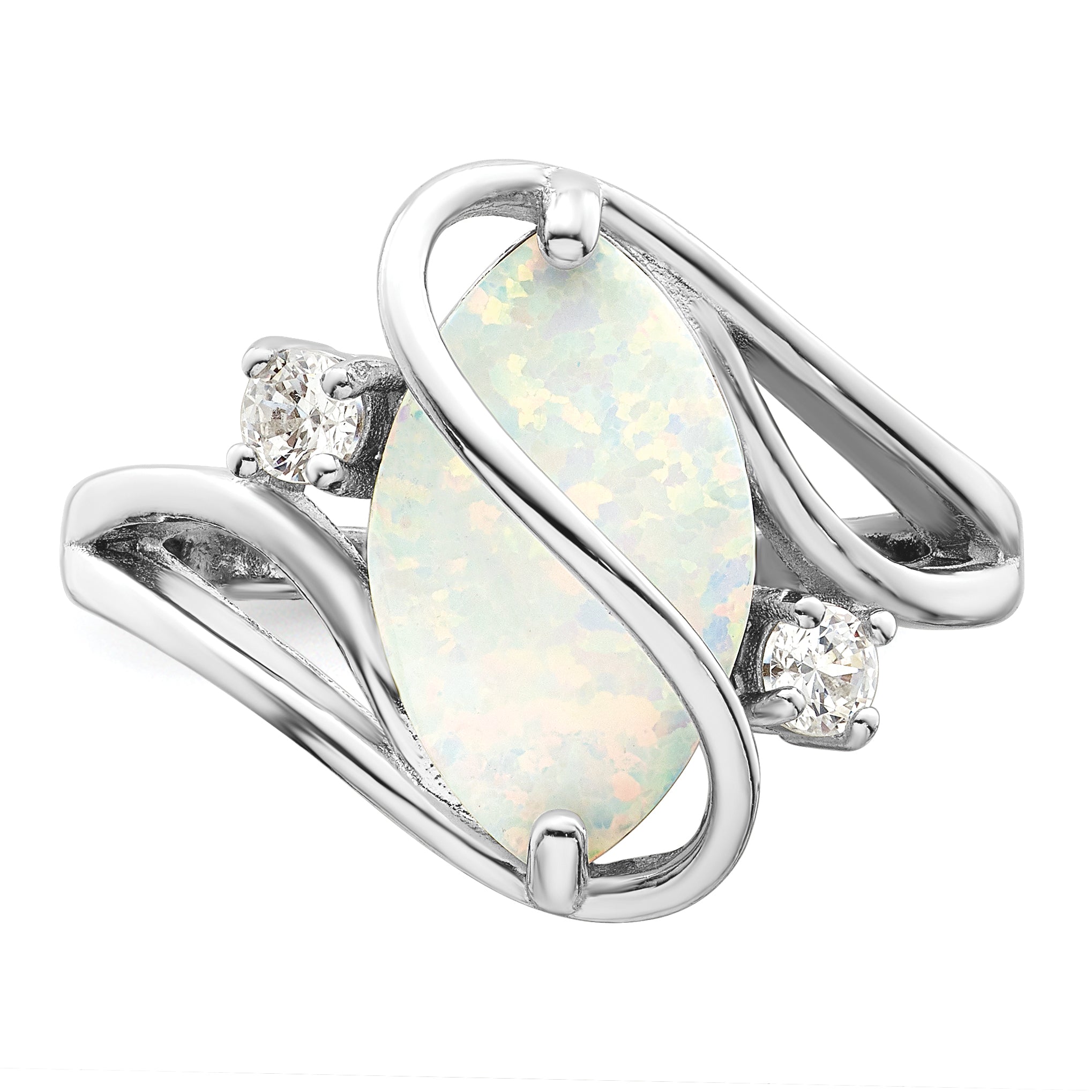 Sterling Silver Rhodium-plated White Created Opal & CZ Twist Ring