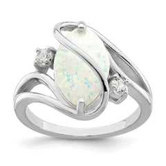 Sterling Silver Rhodium-plated White Created Opal & CZ Twist Ring