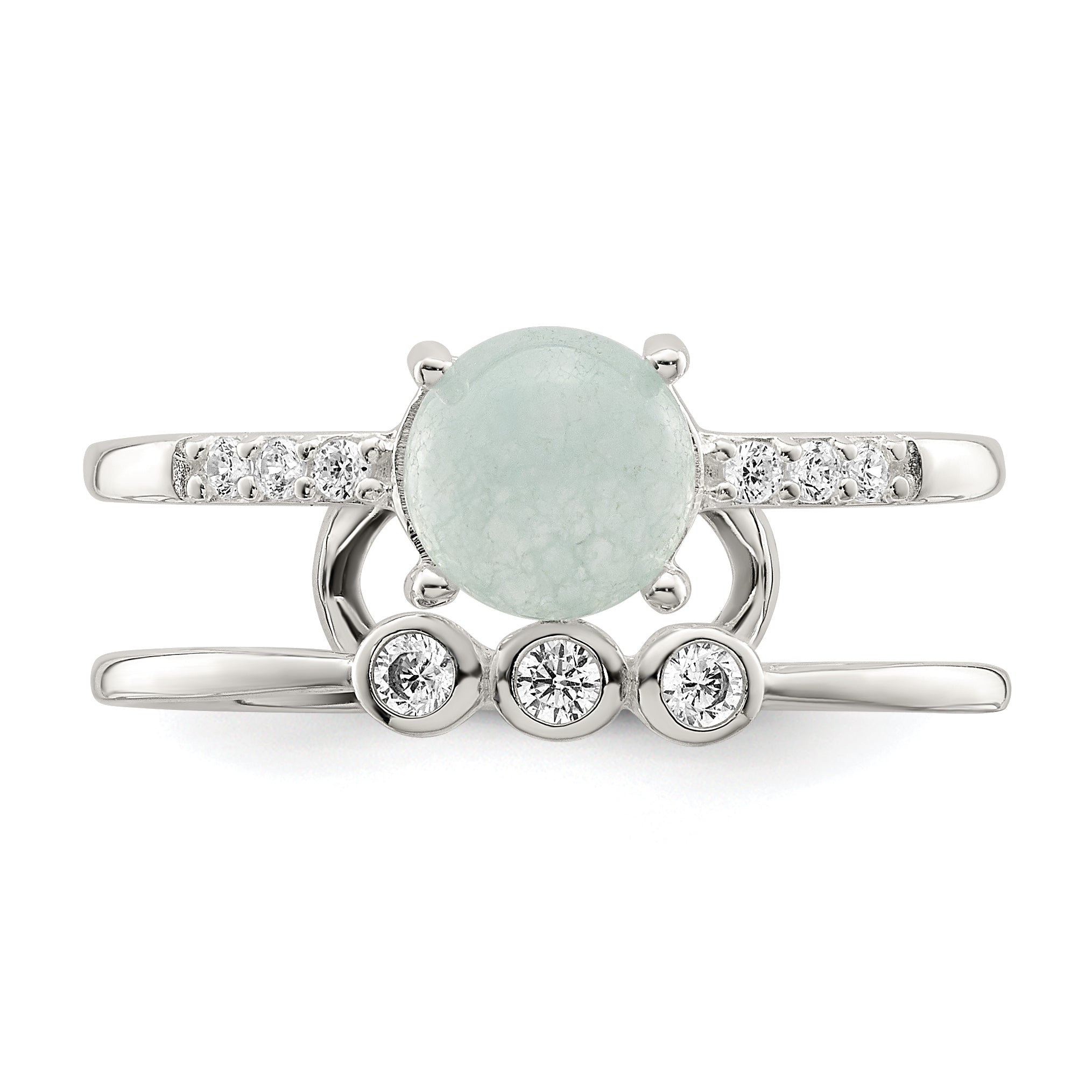 Sterling Silver Polished CZ and Light Blue Quartzite Double Ring