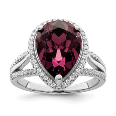 Sterling Silver Rhodium-plated CZ & Dk Purple Crystal Ring