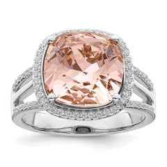 Sterling Silver Rhodium-plated Polished CZ & Peach Crystal Ring