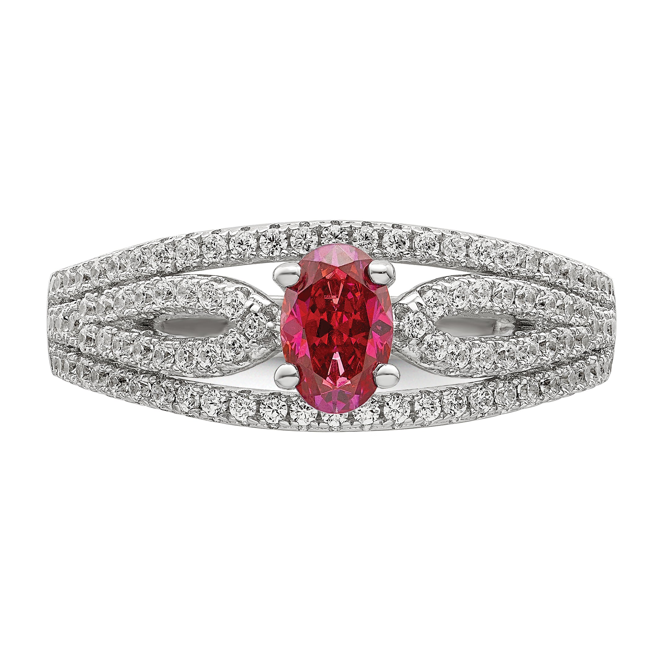 Sterling Silver Rhodium plated Red Crystal & CZ Ring