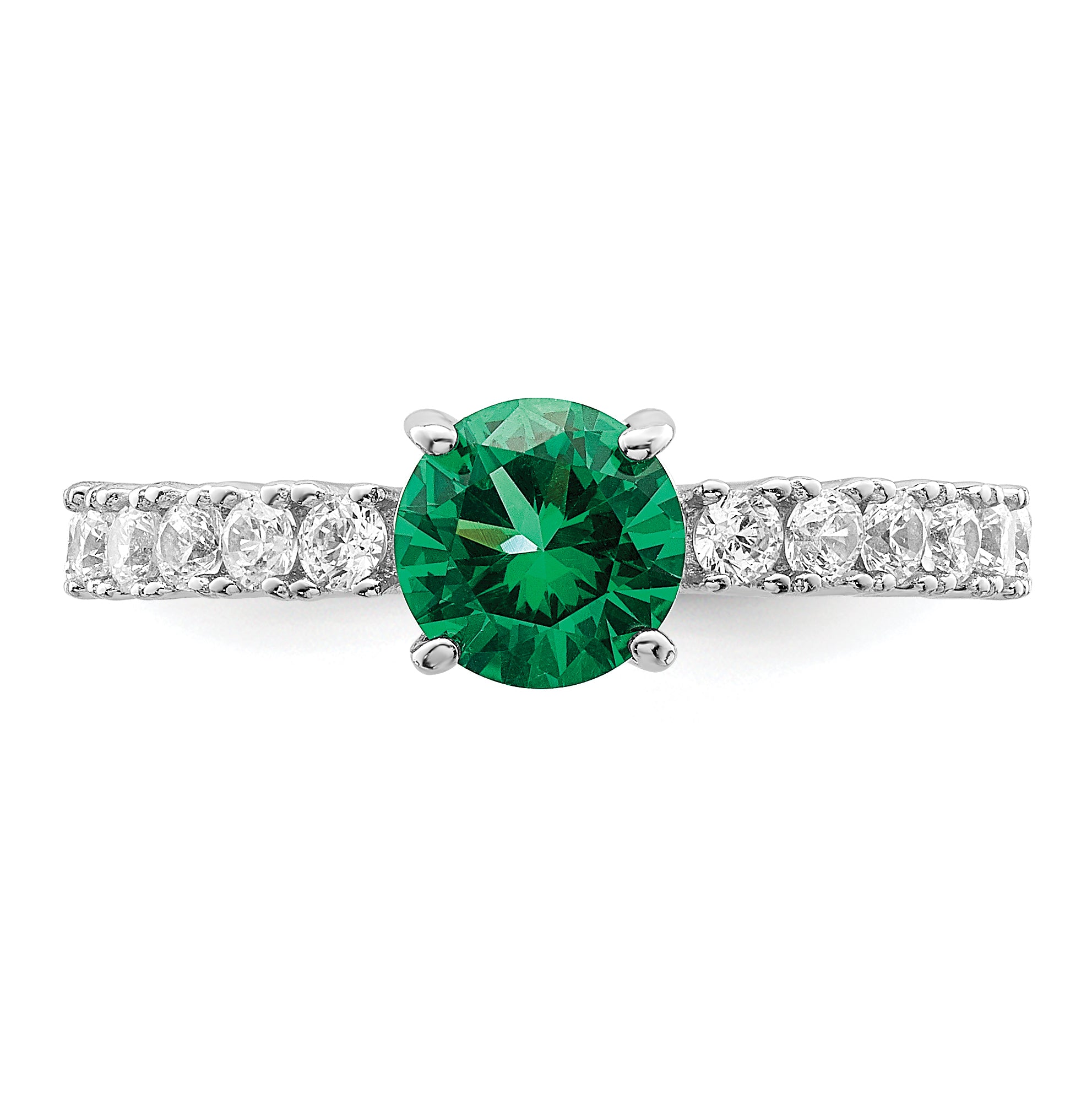 Sterling Silver Polished Rhodium-plated Green and Clear CZ Ring