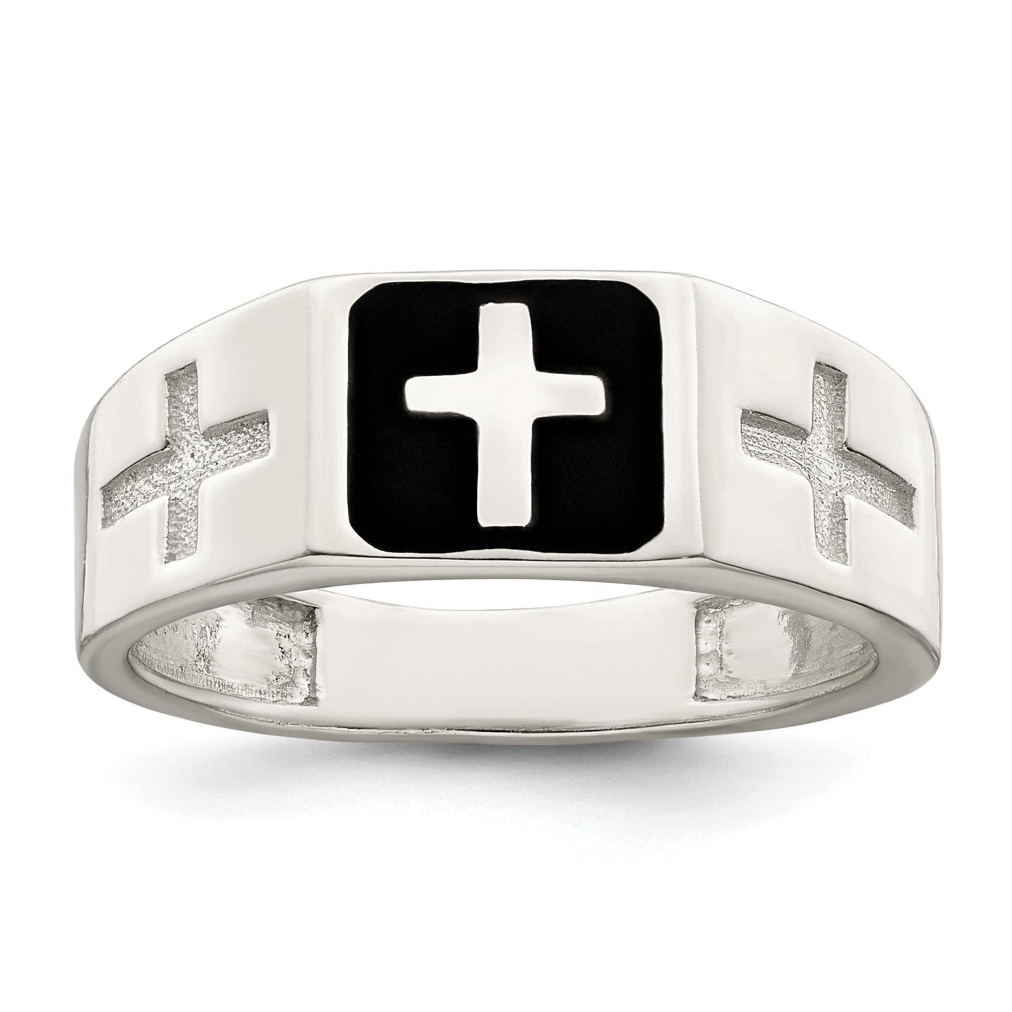 Sterling Silver Rhodium-plated Enameled Cross Ring