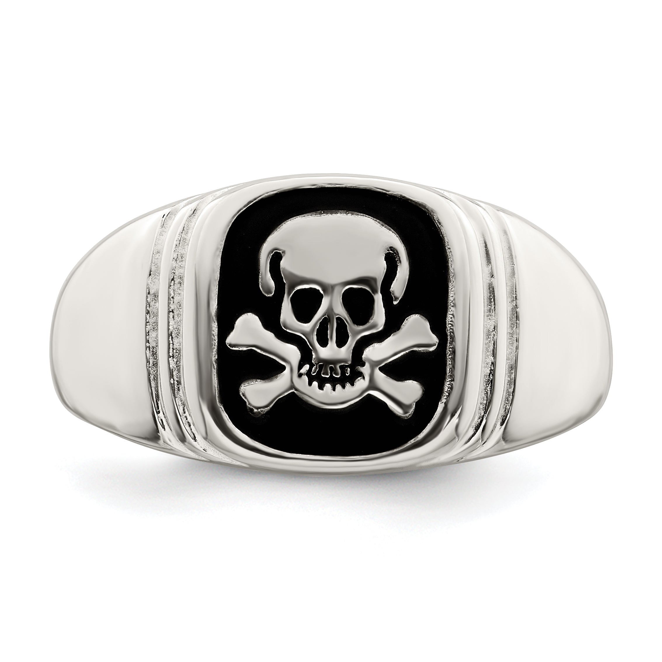 Sterling Silver Black Enameled Mens Skull and Crossbones Ring