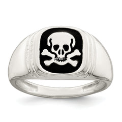 Sterling Silver Black Enameled Mens Skull and Crossbones Ring