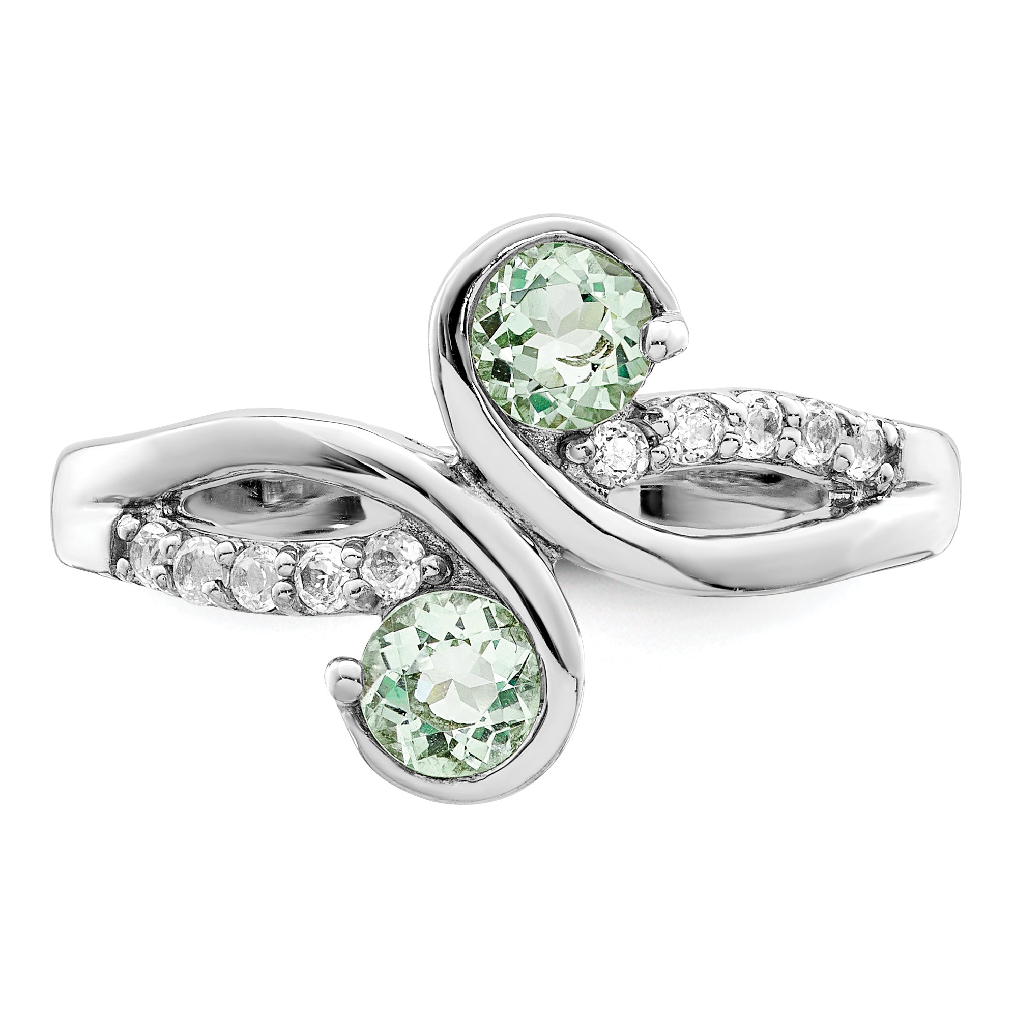 SS Rhod-plated .6t.w. Green Quartz & White Topaz Swirl Ring