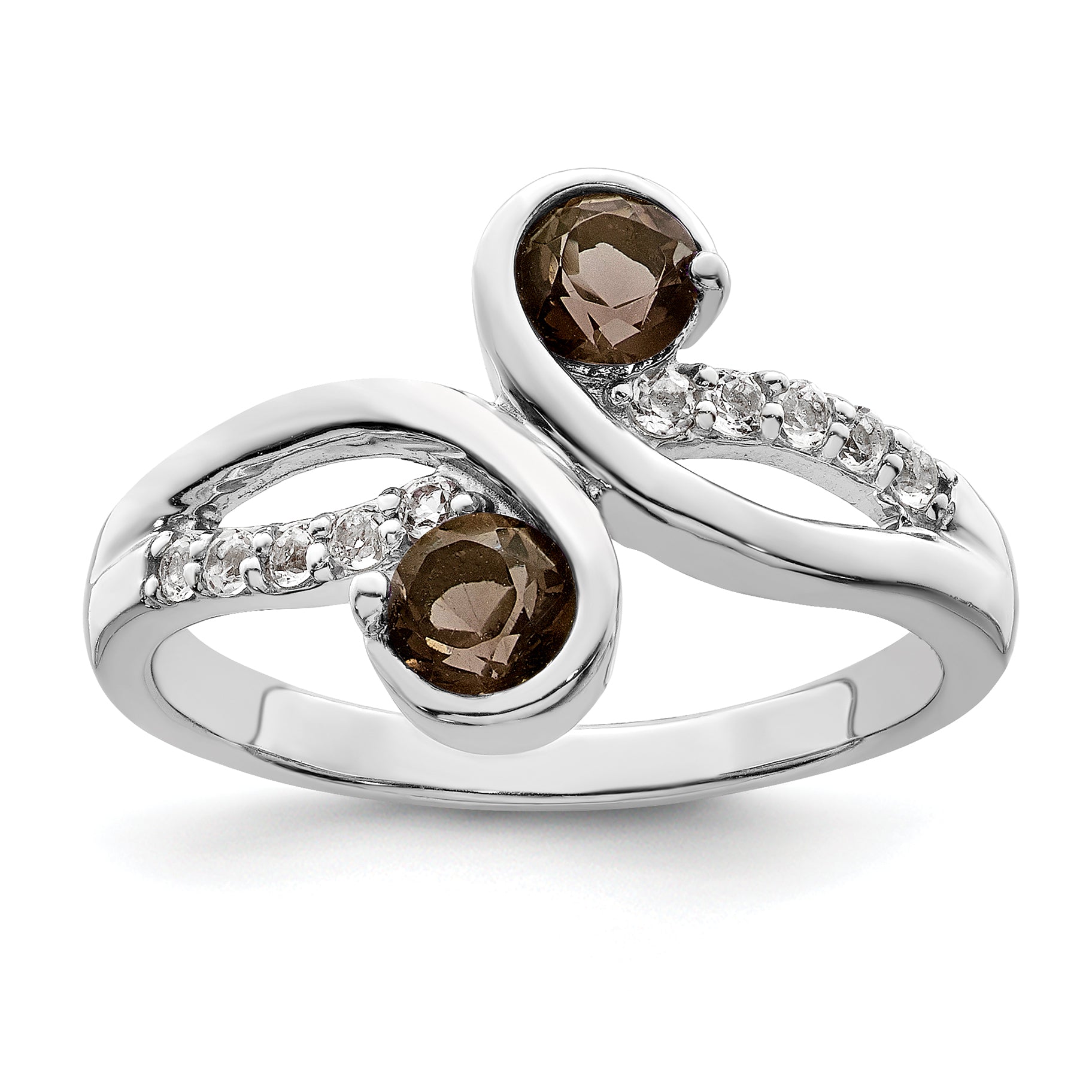 SS Rhod-plated .6t.w. Smoky Quartz & White Topaz Swirl Ring